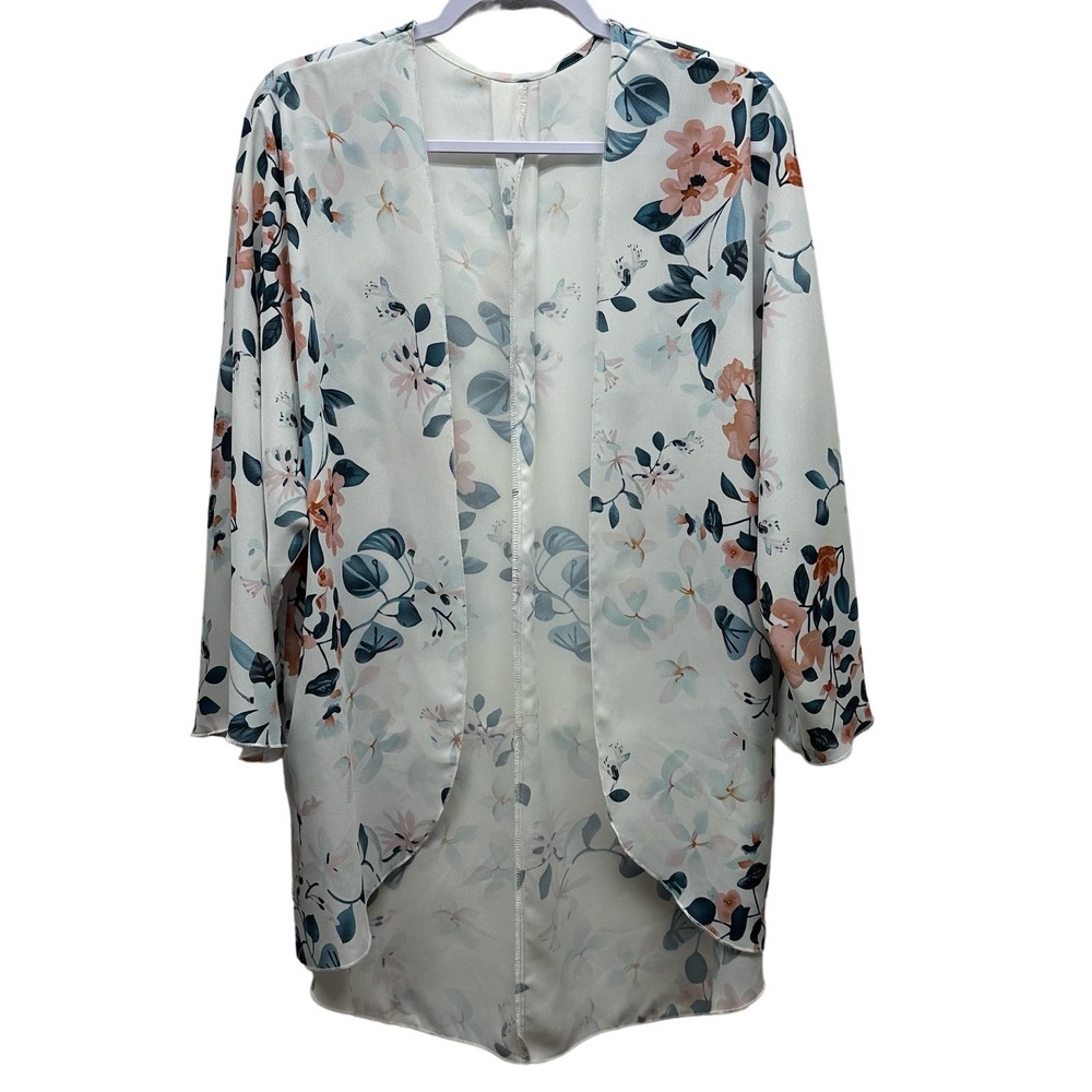 New! Women’s Sz M Cardigan-Kimono High-Low Hem In White, Blue & Rose, V573